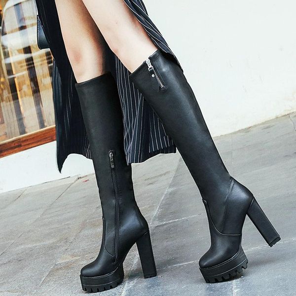 

boots 2021 platform square heel women knee high fashion zipper long pu leather winter shoes black gray