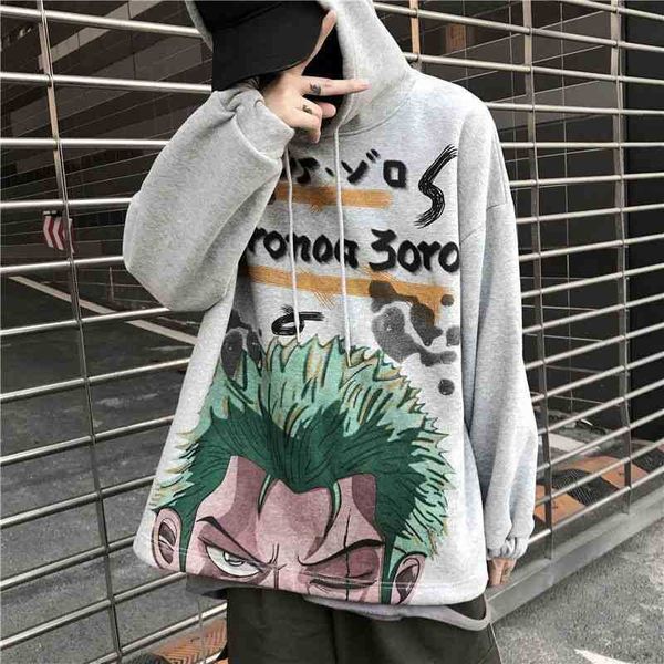 

autumn and winter korean version ins hip hop cartoon pirate king hooded couple's sweater men's loose plush thickened student coat2, Black