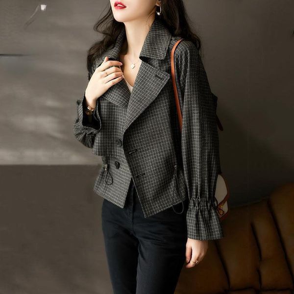 

women's suits & blazers plaid gray women autumn vintage 2021 turn-down collar drawstring slim flare sleeved elegant office lady outwear, White;black