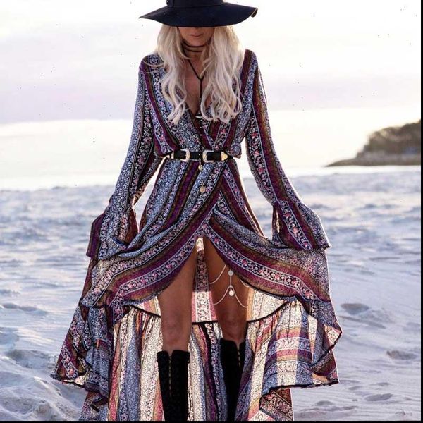 

beach dress casual floral printed split long sleeve tunic wrap summer dresses hippie chic vestidos 2021, Black;gray
