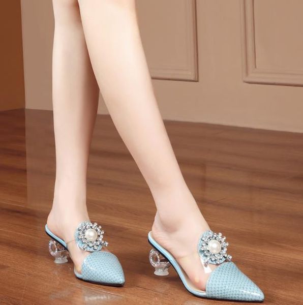

slippers 2021 spring and summer soft leather thick heel high-heeled baotou female fashion pointed rhinestone sandals sli, Black