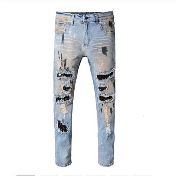 

new men from patched-up rivet holes torn jeans in fashionable paint afflicted denies beggar's pants eqv6, Blue