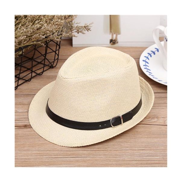 

stingy brim hats fashion summer fedora straw jazz hat with leather belt beach panama cap solid women caps uv protection sun, Blue;gray