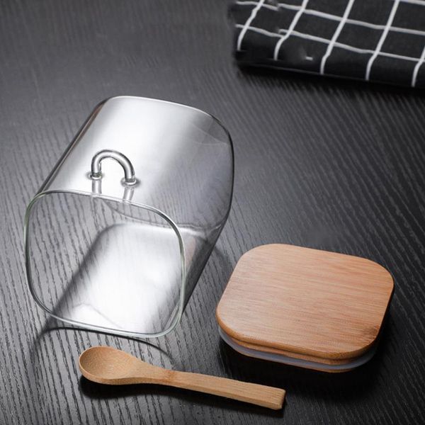 

1* transparent glass airtight jar kitchen storage containers with wooden spoon multipurpose storage for salt coffee bean