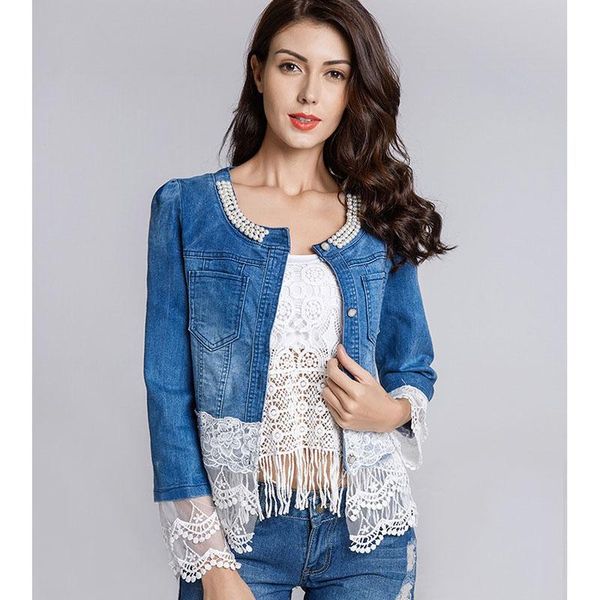 

women's jackets 2021 autumn denim jacket ladies europe united fashion large size lace beaded stitching a180, Black;brown