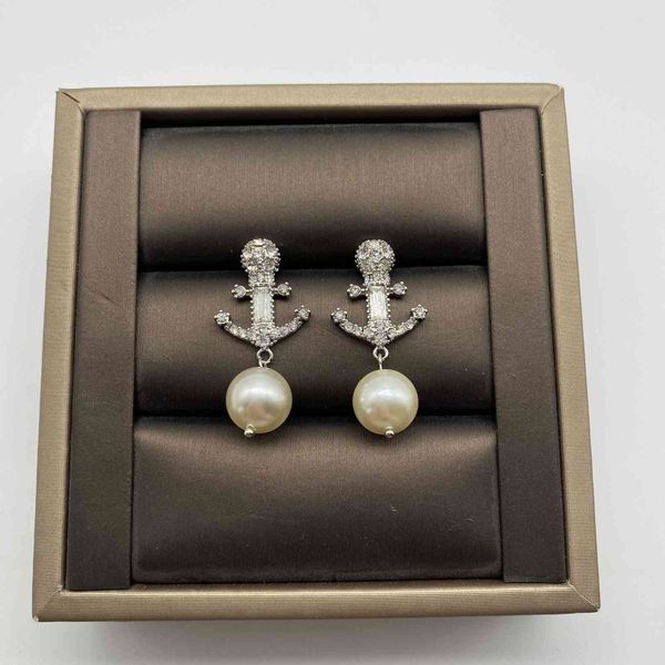 

design jewelry miao new design sense slightly inlaid with diamond pearl ship anchor cross and earrings female personality, Golden