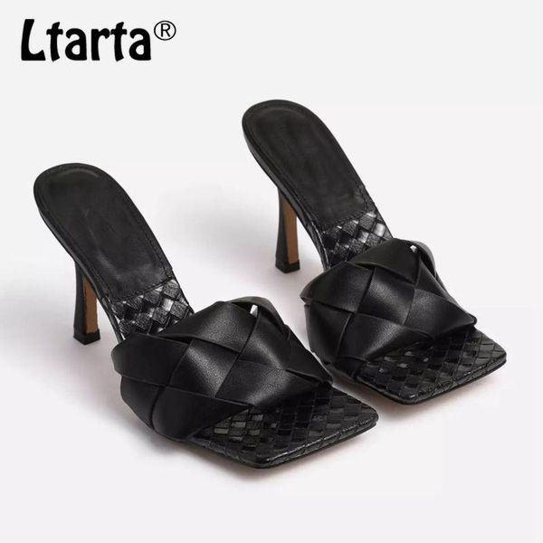 

ltarta white woman shoes 2021 summer fashion woven women's sandals square toe stiletto heel slippers large size 41 lxm, Black