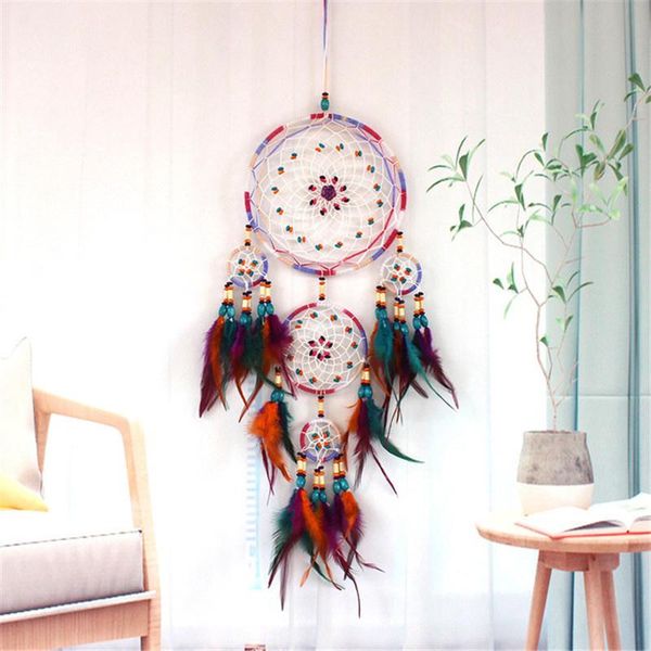 

decorative objects & figurines handmade dream catcher home colorful 5 rings feather wind chime pendant wall ornaments valentine's day g
