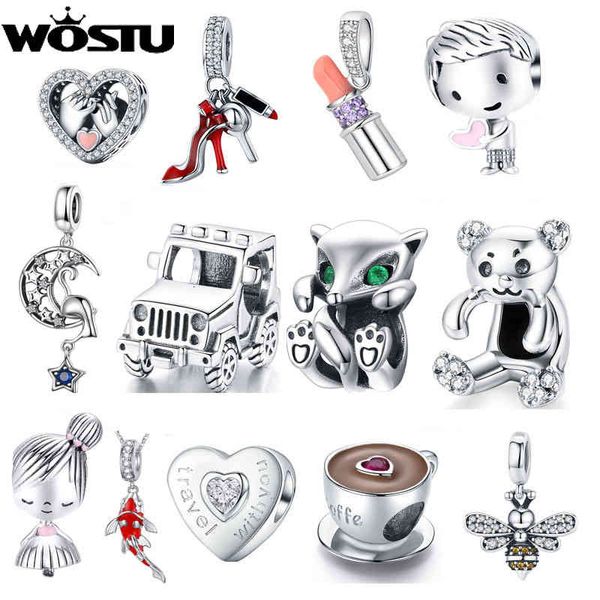 Wostu Family Heart Copper Charm Charme Alto Salto Alto Pingente Bee Menina Dangle Beads Fit Braceletes Originais Para As Mulheres Jóias