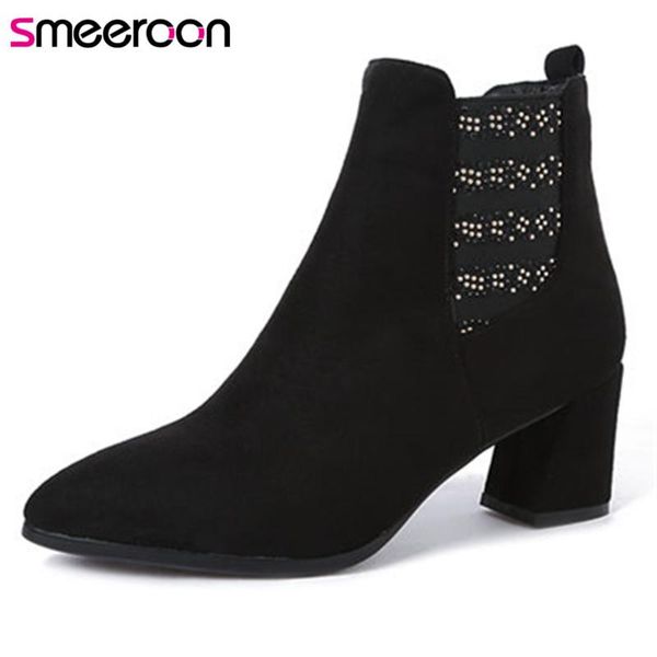 

boots smeeroon 2021 fashion slip on autumn winter pointed toe ankle for women high heels big size 32-44, Black