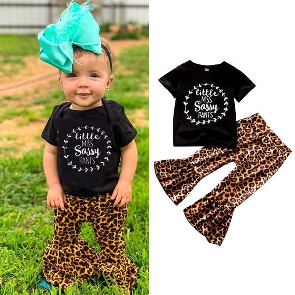 

clothing sets summer baby girl clothes set black letter print leopard flared pants toddler outfit drop, White