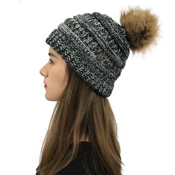 

fur pom pom hat winter girl hat knitting cotton beanie beanies cap fur women ball thick warm winter skullies sk x7f4, Blue;gray