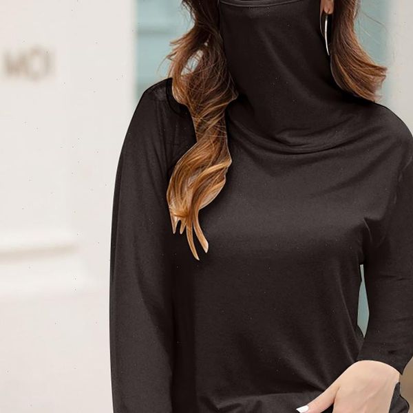 

womens casual loose turtleneck long sleeve soild face mask t shirt 2021 s, White