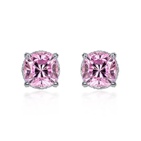 

stud solid 925 sterling silver 10*10mm pink high carbon diamond earrings for women sparkling wedding party fine jewelry gift, Golden;silver
