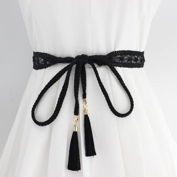 

belts fashion women solid color braided tassel belt 2021 boho girls thin waist rope knit for dress waistbands accessories, Black;brown