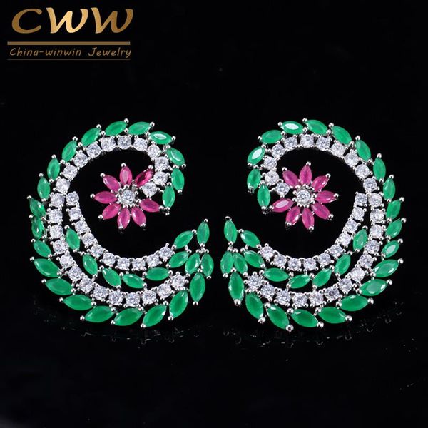 

dangle & chandelier cwwzircons fashion double sides fancy flower shape cubic zirconia big red green stone earrings for women jewelry cz064, Silver