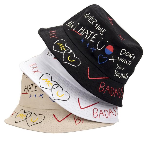 

wide brim hats harajuku bucket hat graffiti letter women men fishing fisherman summer outdoor panama hip hop cap 2021, Blue;gray