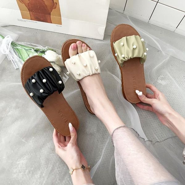 

slippers low casual shoes woman 2021 shale female beach pantofle string bead luxury summer soft flat sabot pu rubber basic f, Black