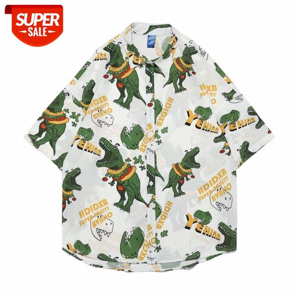 

japanese harajuku style fun dinosaur print short-sleeved shirt couple loose casual youth male #as4q, White;black