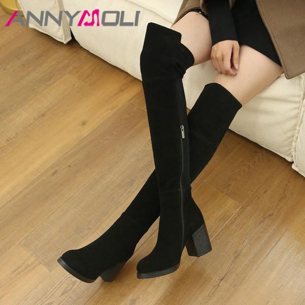 

boots annymoli cow suede thigh high women real leather thick heel over the knee zip super shoes ladies winter 39, Black
