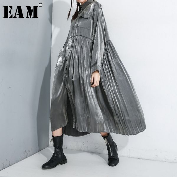 

[eam] women black pleated split big size dress new lapel long sleeve loose fit fashion tide spring autumn 2021 1r169 210316, Black;gray