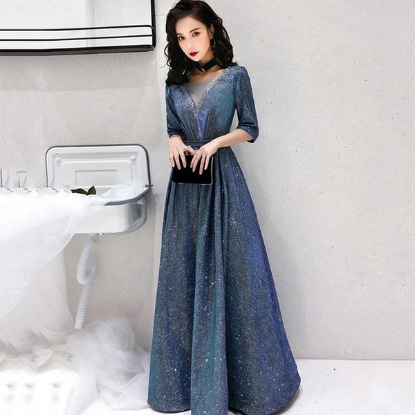 

ethnic clothing sparkly stylish seauins qipao blue pleated long formal party dress gown perspective v-neck cheongsam bandage robe de so, Red
