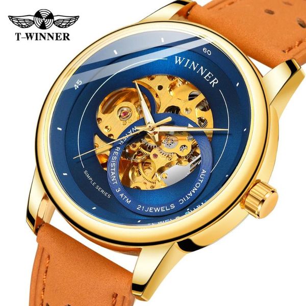 

wristwatches winner mechanical automatic mens watch fashion leather strap blue skeleton dial casual wristwatch waterproof luminous hand cloc, Slivery;brown