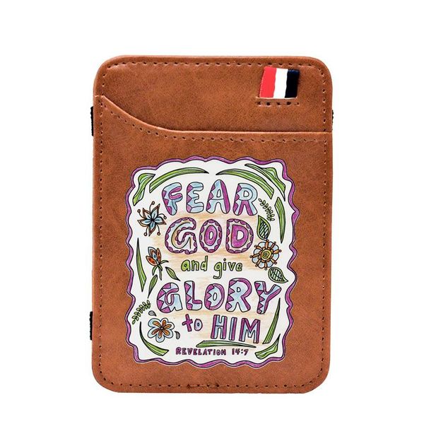 

card holders bible verses fear god and give glory to him digital printing leather magic wallets men women holder purse short money bag, Brown;gray
