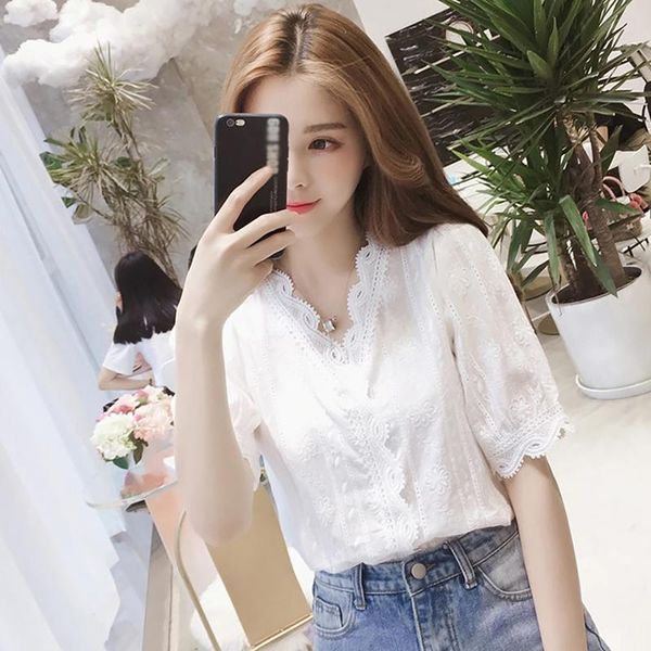 

fashion lace hollow out sweet white blouse women's v-neck casual blouses shirts half sleeves solid color shirt women rk