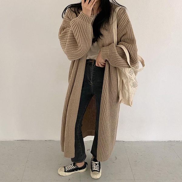 

women's knits & tees casual long knitted cardigan women mujer vintage loose sweater coat solid oversized jumper korean fashion clothes, White