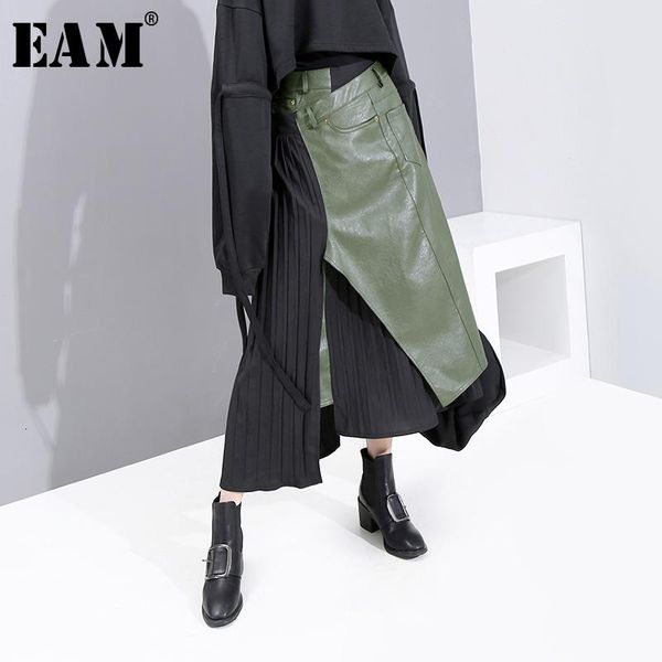 

skirts [eam] high elastic waist green asymmetrical pleated temperament half-body skirt women fashion tide spring autumn 2021 1k731, Black
