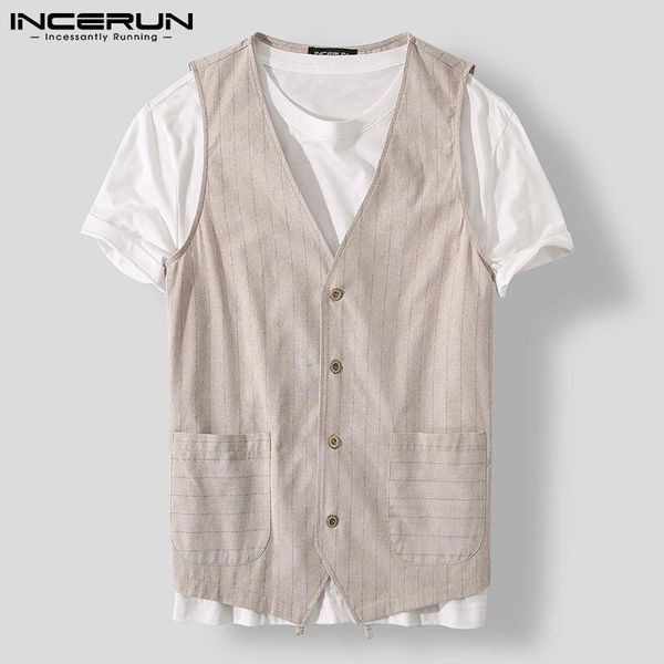 

men's vests man casual button v neck suits streetwear incerun 2021 fashion men striped leisure sleeveless fitness pockets blazers 5xl, Black;white