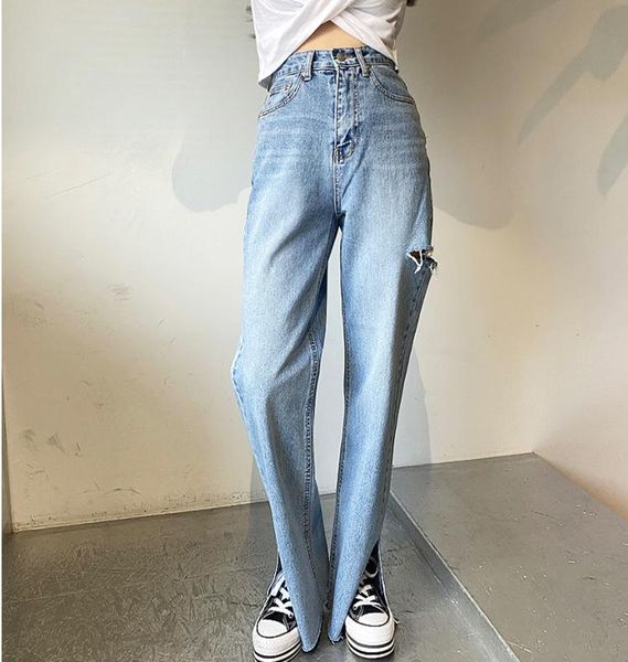 

women's jeans high waist ripped straight d029, Blue