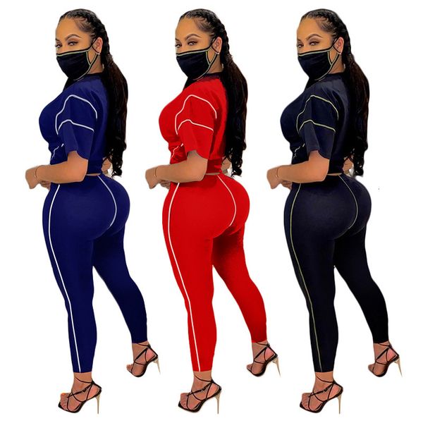 

2021 new solid-color patchwork short sleeve o-neck t-shirt & trousers summer women casual suit european and american fashion 2 piece set ube, Gray