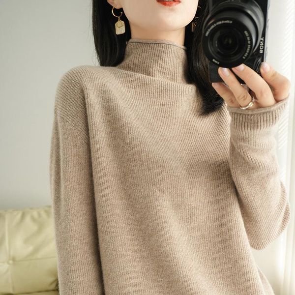 

half turtleneck women 2021 autumn and winter new loose large size 100% pure wool sweater long-sleeved knitted cashmere sweater, White;black