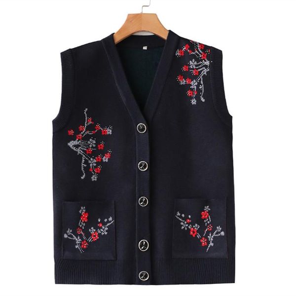 

women's vests middle-aged elderly mothers sweater vest knitted sweaters waistcoat cardigan spring autumn sleeveless jacket outwear w21, Black;white