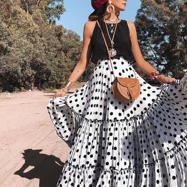

long skirt women fashion high waist polka dot printed loose ruffled pleated skirts streetwear faldas mujer moda, Black