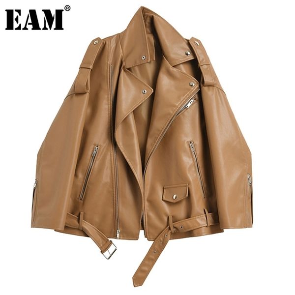 

[eam] loose fit pu leather brown big size jacket lapel long sleeve women coat fashion spring autumn 1de0636 211014, Black;brown