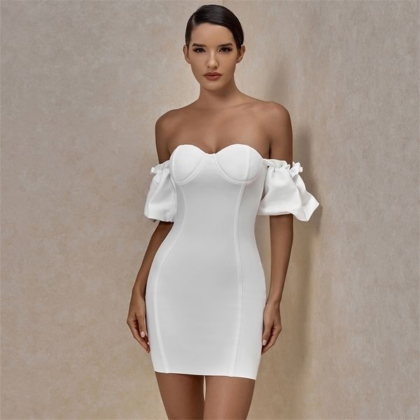 

ocstrade off shoulder white bandage dress summer new arrival women mini bandage dress bodycon night club party dress 210316, Black;gray