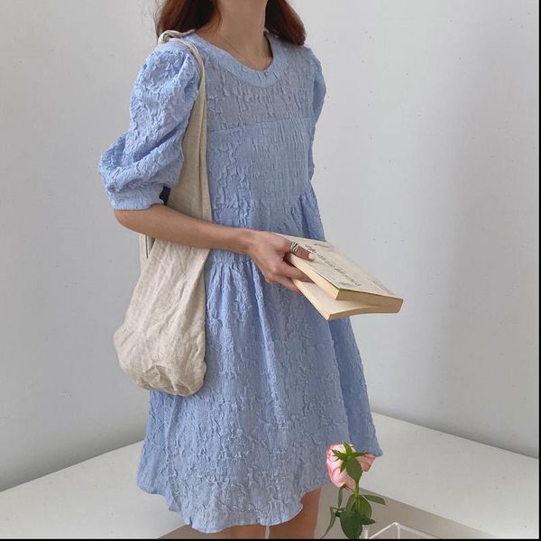 

women summer 2021 vintage ol solid brief chiffon sweet girls pleated puff sleeves new elegance cute dresses, Black;gray