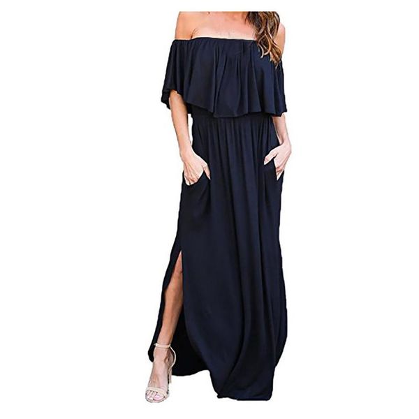 

casual dresses women's slash neck maxi dress off shoulder elegant solid color side split party short sleeve sukienka, Black;gray