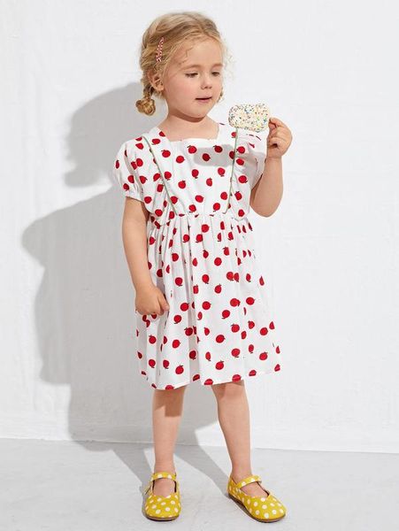 

toddler girls contrast binding fruit print dress she, Red;yellow