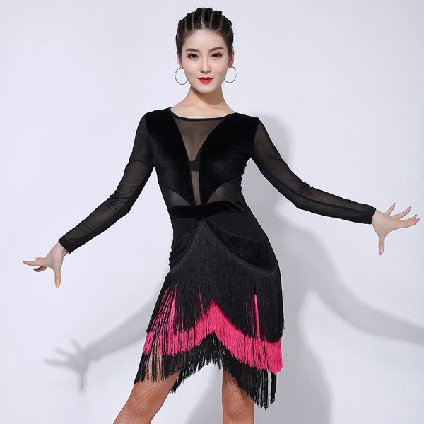 

latin dance dress pink tassel dress autumn winter dress dance professional performance clothing costume women vdb1317, Black;red