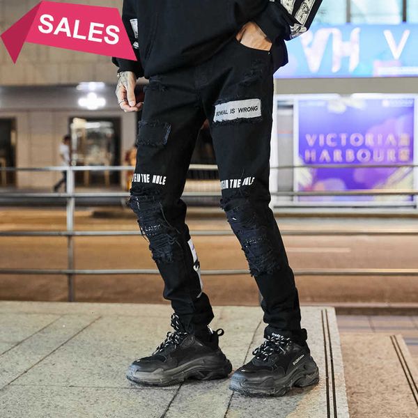 

hole ankle zipper ripped for men straight vaqueros hombre black jeans casual slim denim trousers male pencil pants, Blue