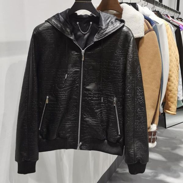 

men's leather & faux andonaimi business hooded jackets nappa calfskin embossed jacket casual wear, Black