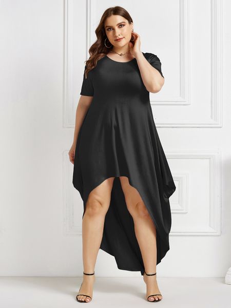 

2021 new summer elegant long irregular hem o-neck solid multi color options ladies casual women fashion ghyu, Black;gray