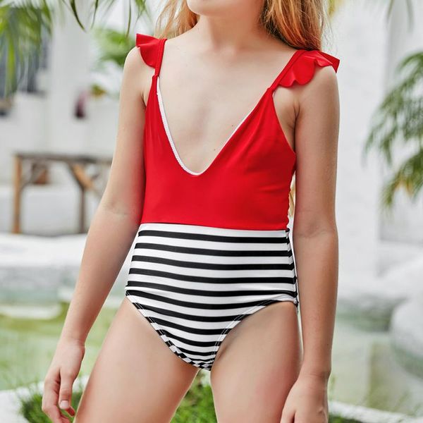 

2021 new 2-14 years plunge neck toddler children and teen girls one piece swimsuits striped monokini swimwear beach bathing suit