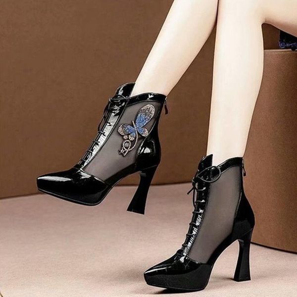 

boots shuyun princess high heeled shoes women's thick fashion cool gauze patent leather diamond net bread, Black