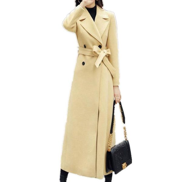 

women's wool & blends winter arrival x-long woolen overcoat women slim double breasted belted coat, Black
