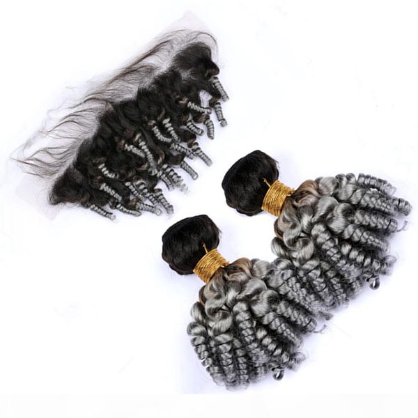 

#1b grey ombre funmi curly indian virgin human hair weaves 2bundles with frontal ombre silver grey aunty funmi hair with 13x4 lace frontal, Black;brown